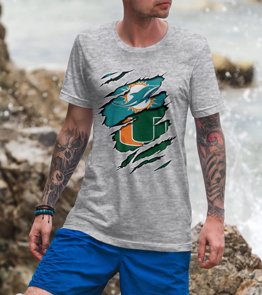 Miami Dolphins University Of Miami Hurricanes Logo Fusion T-Shirt