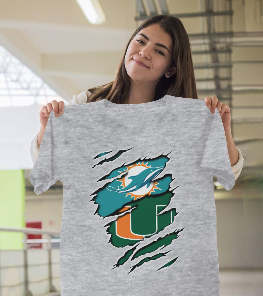 Miami Dolphins University Of Miami Hurricanes Logo Fusion T-Shirt