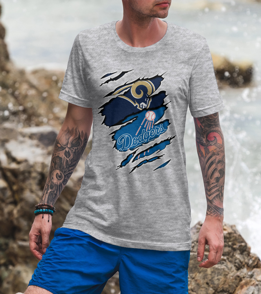 Rams Dodgers Scratch Tear Logo Crossover Fusion T-Shirt