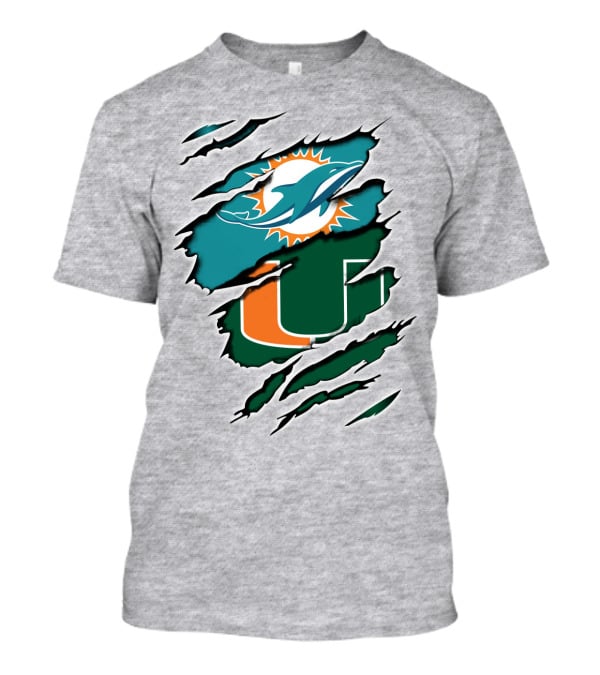 Miami Dolphins Miami Hurricanes Fan Torn U Logo Dolphin T-Shirt
