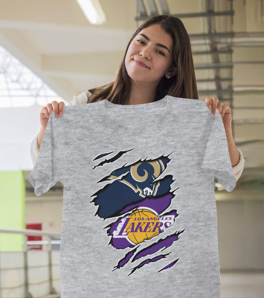 Los Angeles Rams Lakers Logos Scratch Sports Collaboration T-Shirt