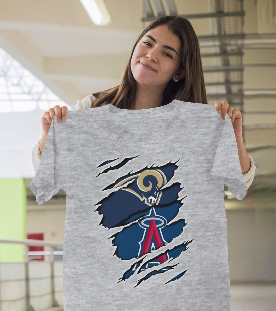 Rams Angels Rams Angles Logo Mashup On Ripped Blue Background T-Shirt