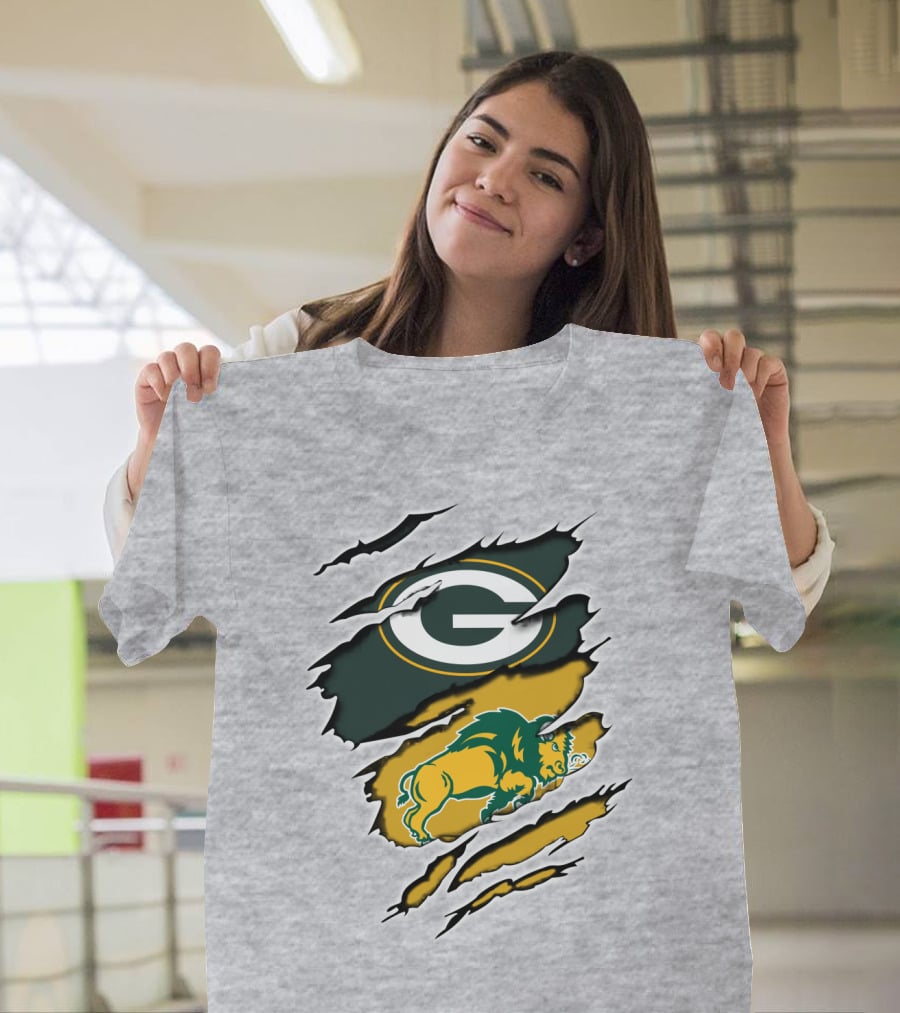Packers Green And Gold G Logo With Dakota Bison Ripped T-Shirt