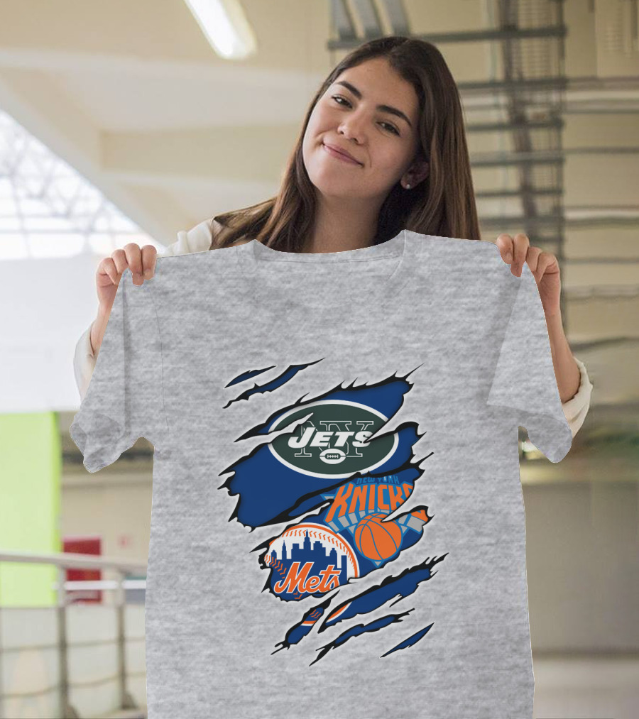 New York Jets Mets Knicks Logo Fusion NFL MLB NBA Team Pride T-Shirt