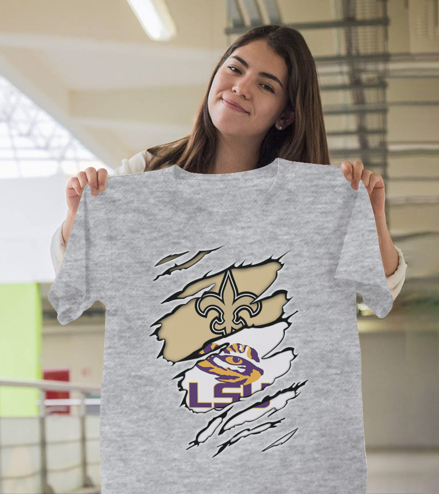 Saints Fleur-de-lis And LSU Tiger Eye Logo Fusion T-Shirt
