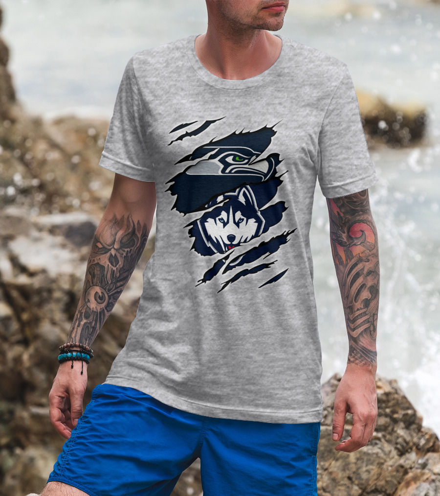 Seahawks Huskies Logo Mashup Aggressive Ripped T-Shirt