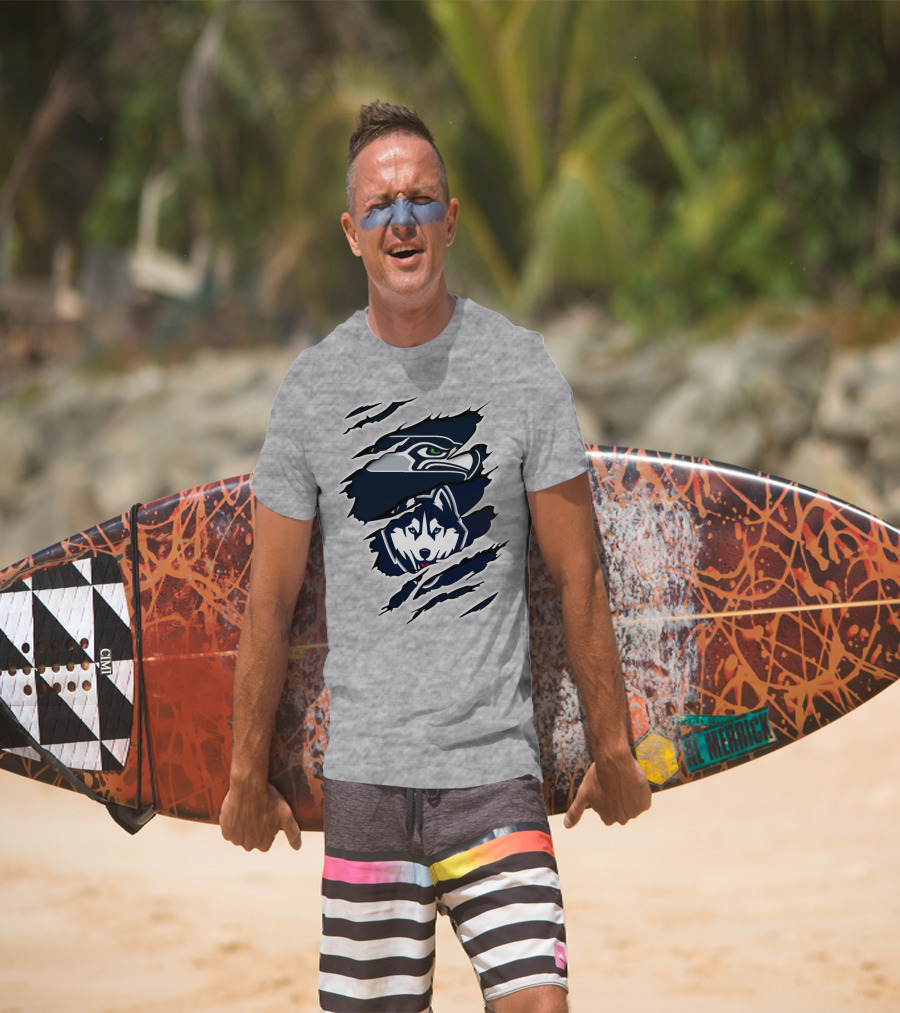 Seahawks Huskies Logo Mashup Aggressive Ripped T-Shirt