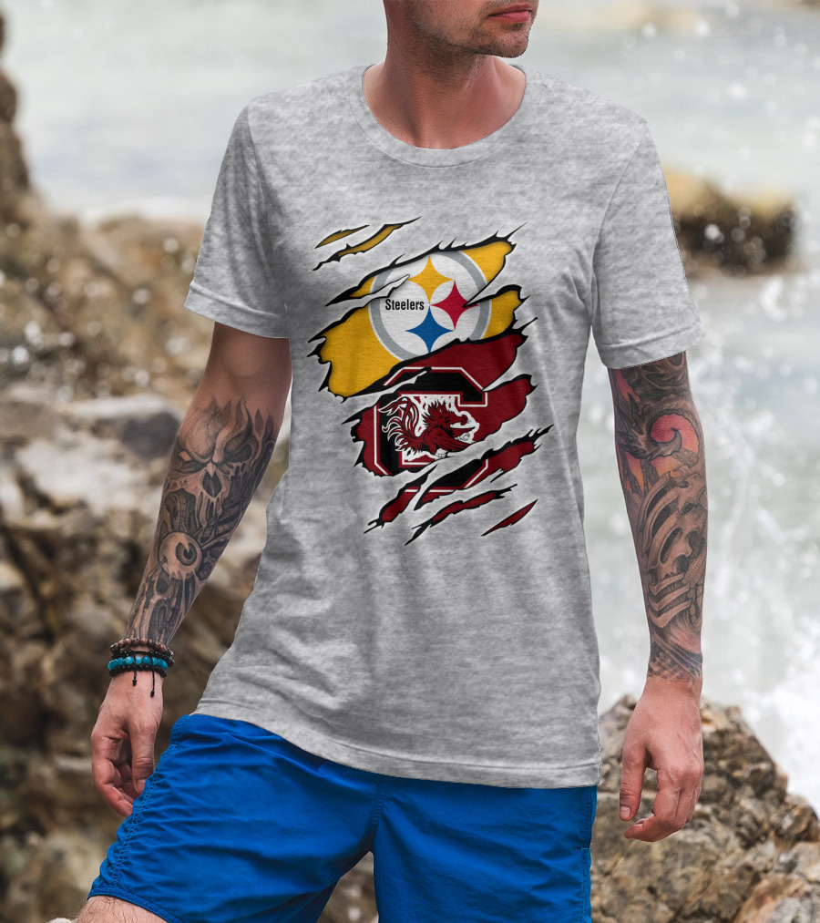 Steelers Gamecocks Logo Mashup With Scratch Marks T-Shirt