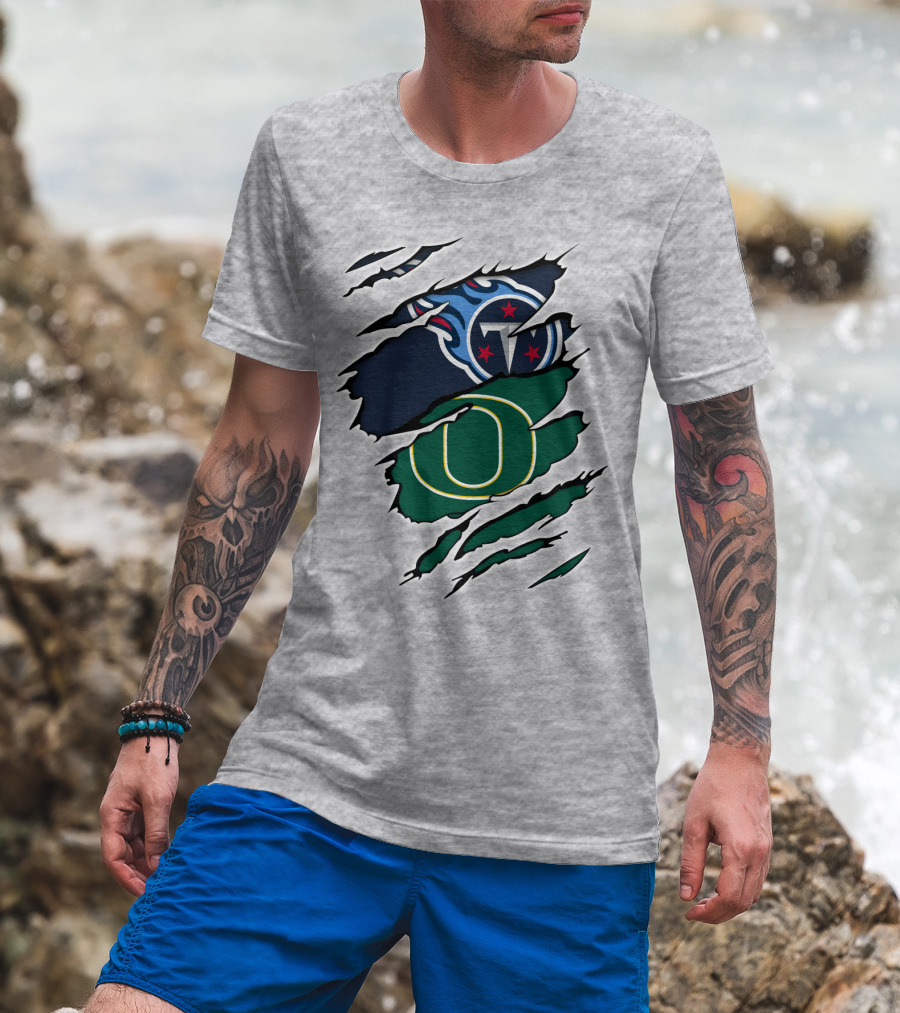 Tennessee Titans And Oregon Ducks Ripped Logo Claw Marks T-Shirt