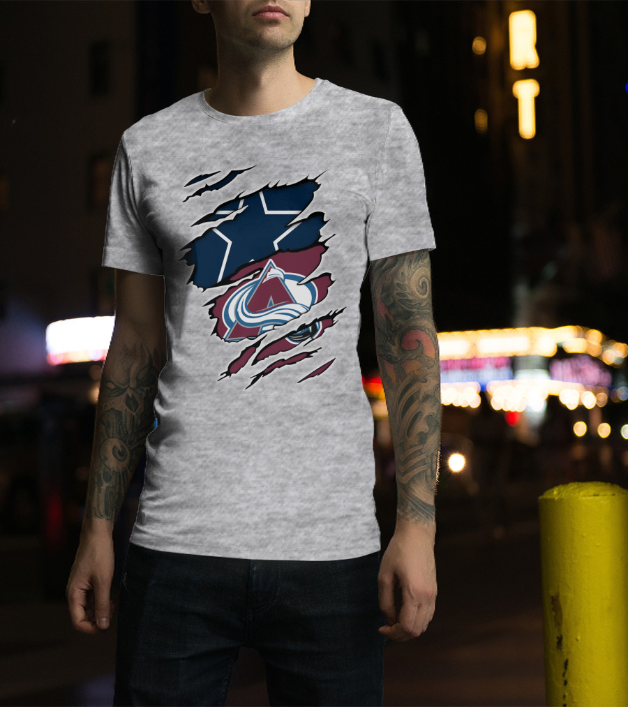 Cowboys And Avalanche Logos Combined Through Torn Fabric T-Shirt