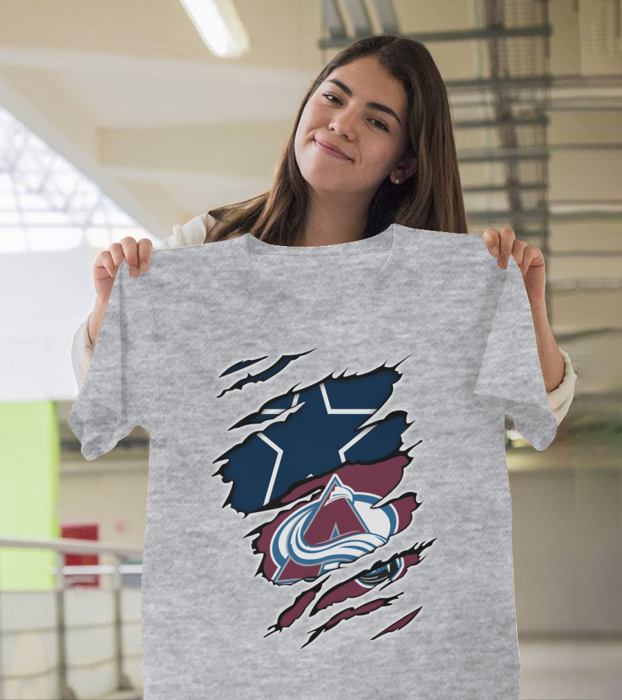Cowboys and Avalanche Logos Combined Through Torn Fabric T-Shirt