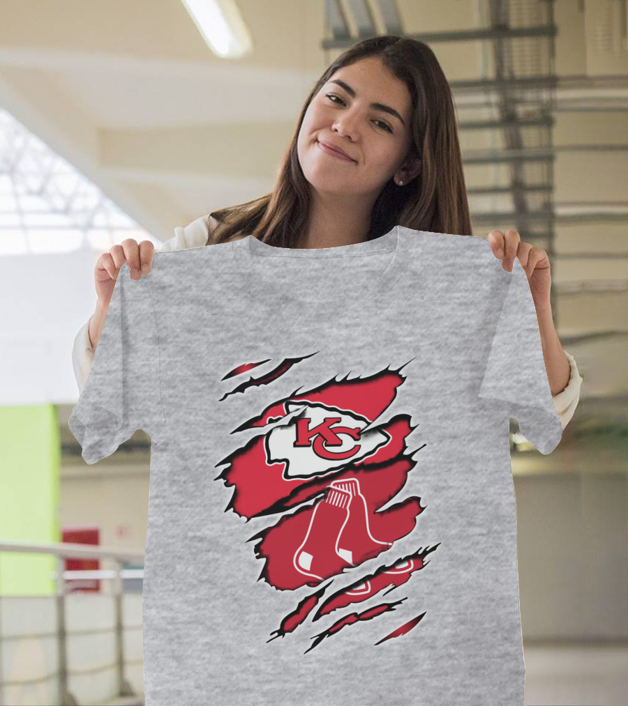 Chiefs Redsox KC Logo And Sox Emblem Torn T-Shirt