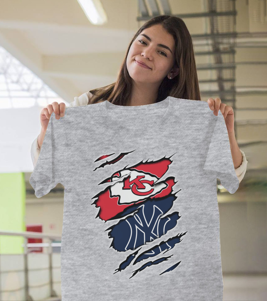 Chiefs Yankees KC NY Hybrid Logo Ripped T-Shirt