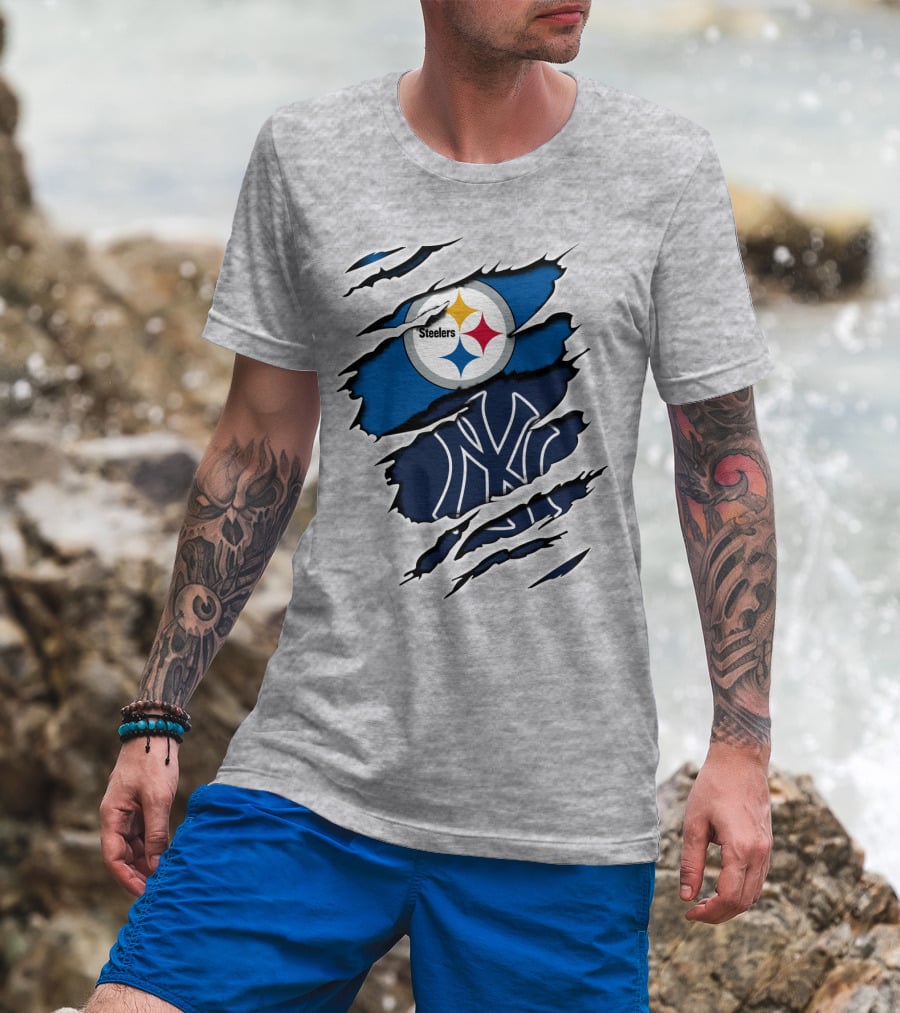 Steelers Yankees Logo Fusion Ripped Effect T-Shirt