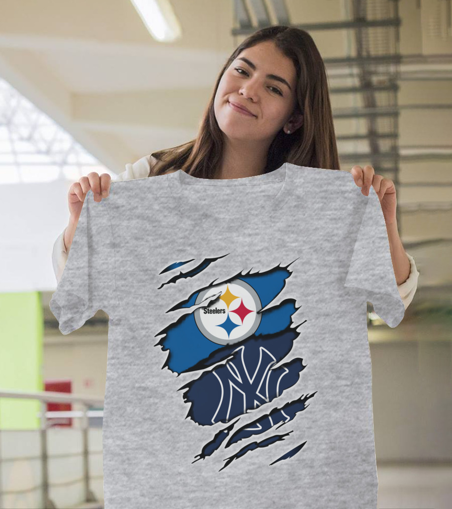 Steelers Yankees Logo Fusion Ripped Effect T-Shirt