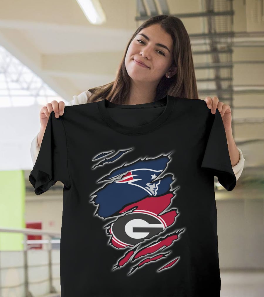 Patriots And Georgia Bulldogs Team Logos Ripped T-Shirt