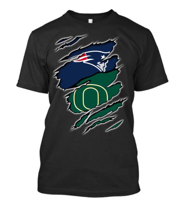 New England Patriots And Oregon Ducks Logos Torn Claw Marks Display T-Shirt