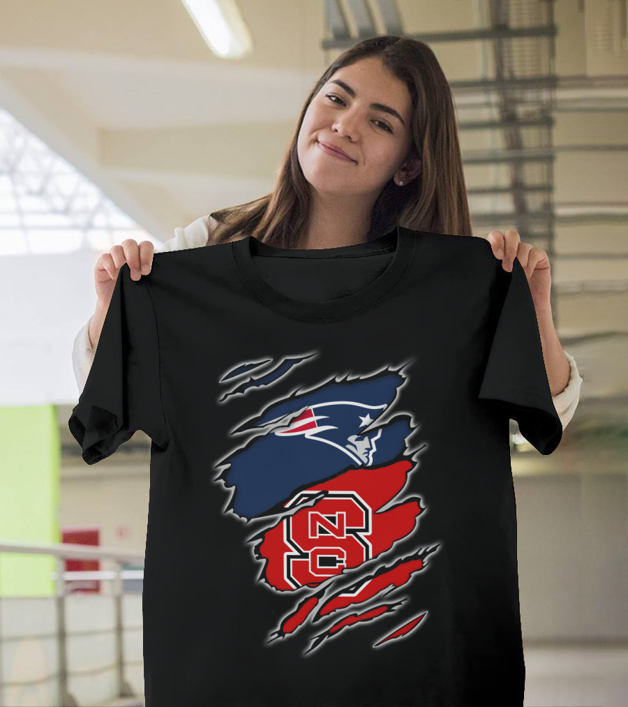 Ripped Design Featuring Patriots Logo And NC State Wolfpack T-Shirt