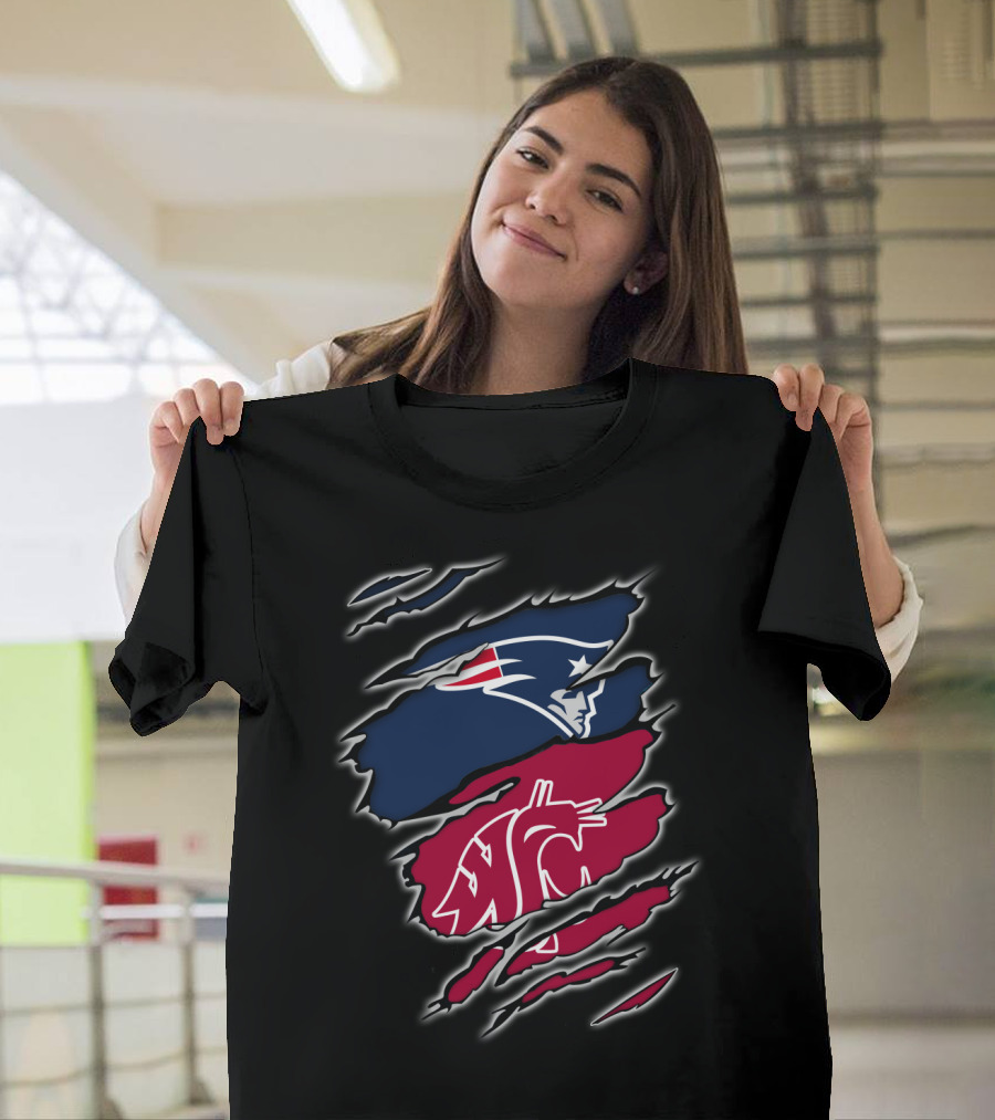 Patriots New England And Washington State Cougars Logos Torn T-Shirt