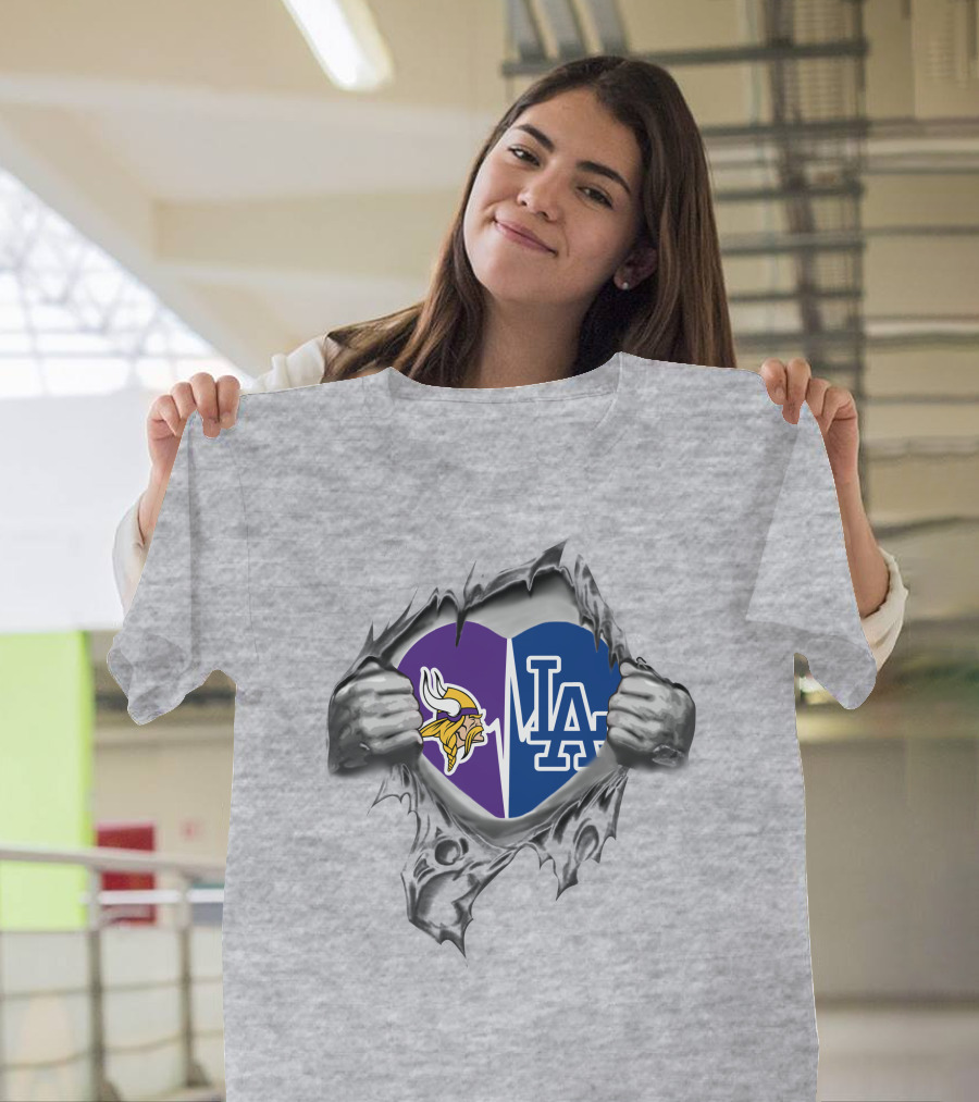 Vikings Dodgers It's in My Heart LA Logo Split Purple and Blue Heart NFL MLB Fans T-Shirt