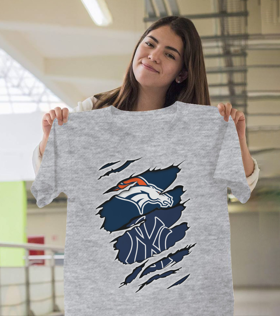 Broncos Yankees Distressed Dual Team Logo Fusion T-Shirt