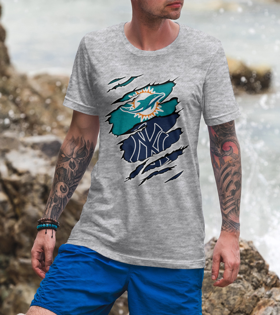 Miami Dolphins New York Yankees Logos Integration T-Shirt