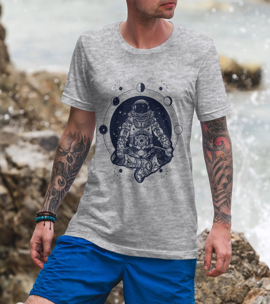 Zen Astronaut Meditating In Cosmic Orbit With Geometric Star Map T-Shirt