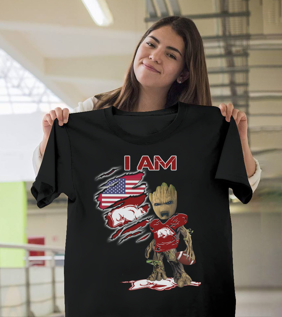 I Am Baby Groot Arkansas Razorbacks Football American Flag T-Shirt