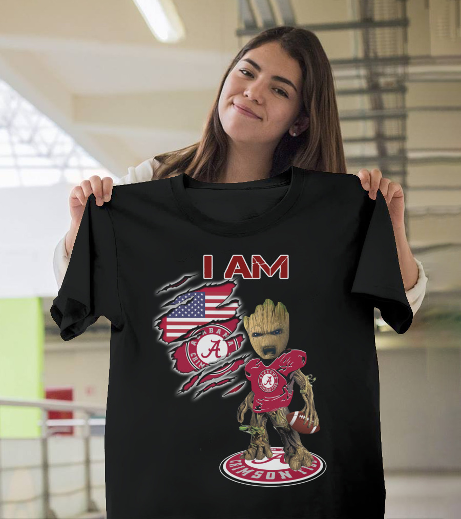 I Am Alabama Crimson Tide Baby Groot Usa Football Flag T-Shirt