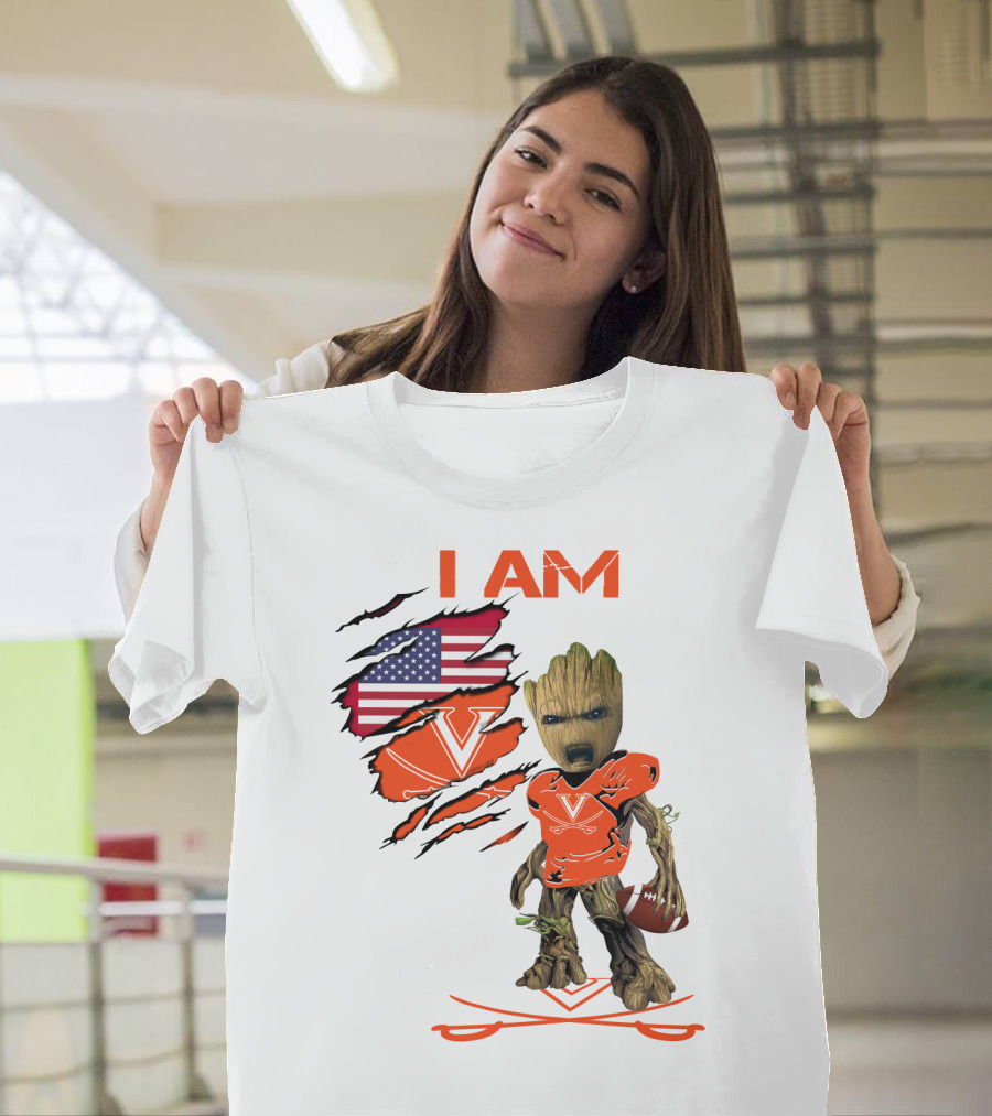 I Am Baby Groot Virginia Cavaliers Football Fan USA Flag T-Shirt