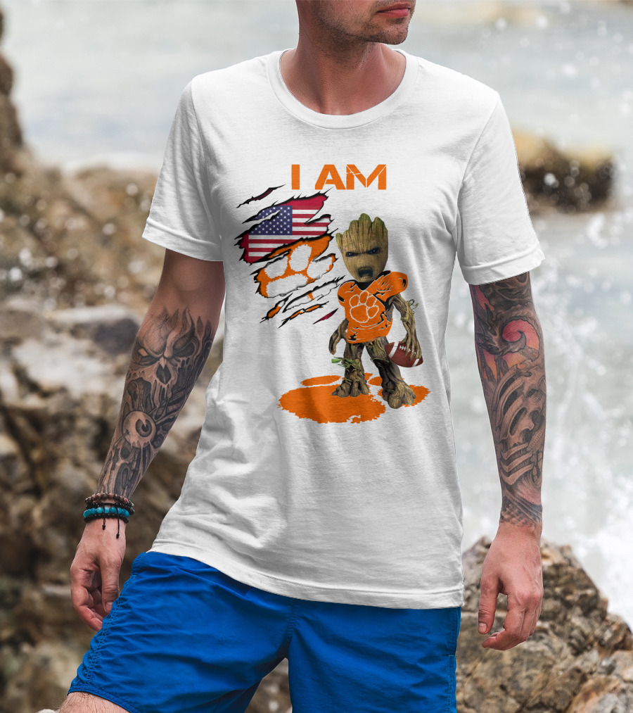 I AM Clemson Baby Groot American Flag Tiger Paw Football T-Shirt