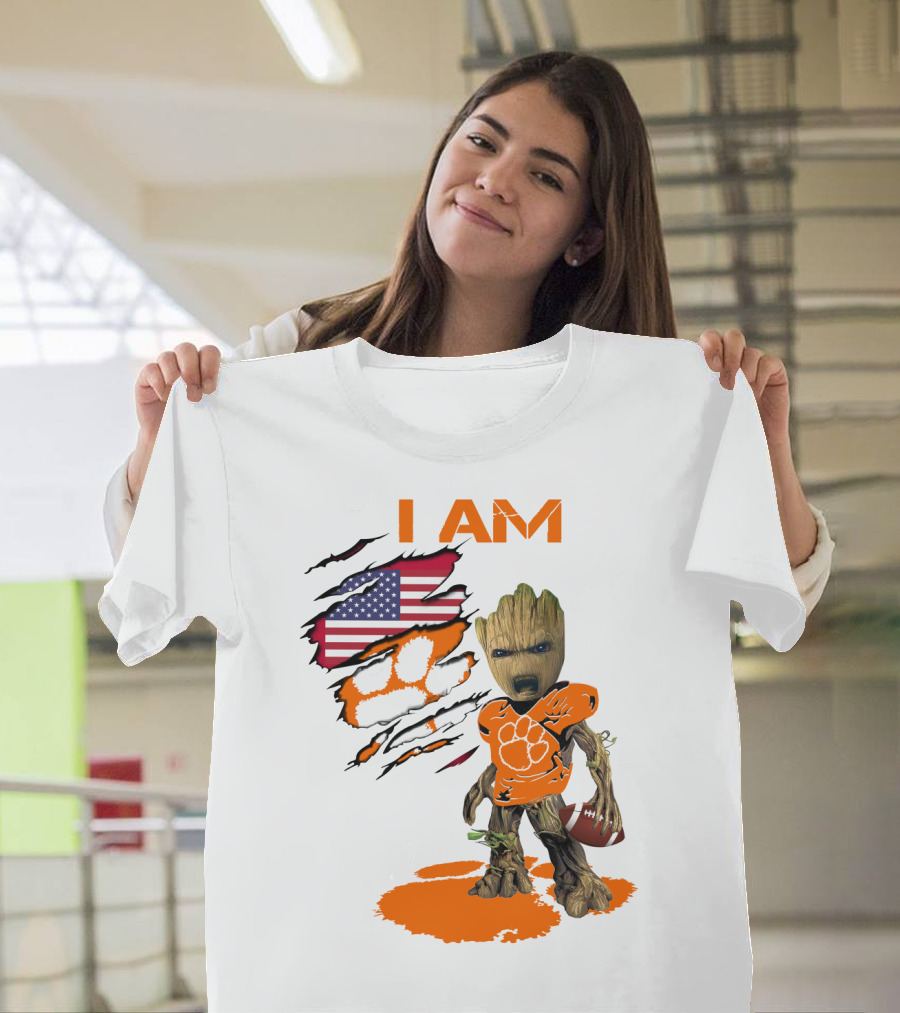 I AM Clemson Baby Groot American Flag Tiger Paw Football T-Shirt
