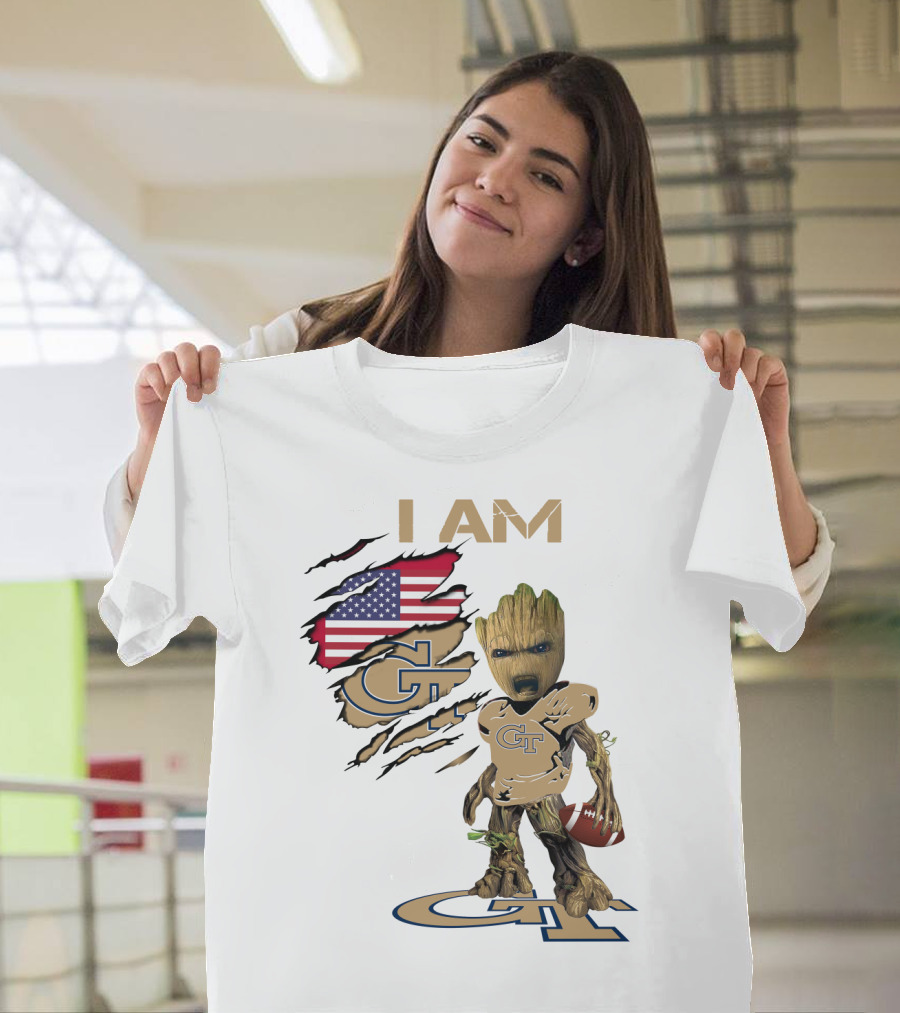 I AM Geo Baby Groot Football GT American Flag T-Shirt