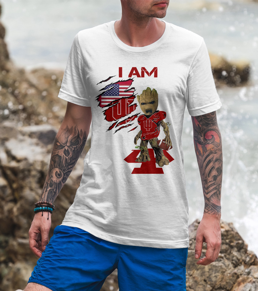 I AM Indiana Hoosiers Baby Groot Football USA Flag T-Shirt