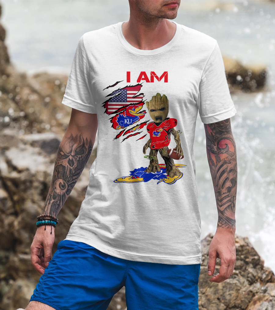 I AM Baby Groot KU Football Jayhawks American Flag T-Shirt