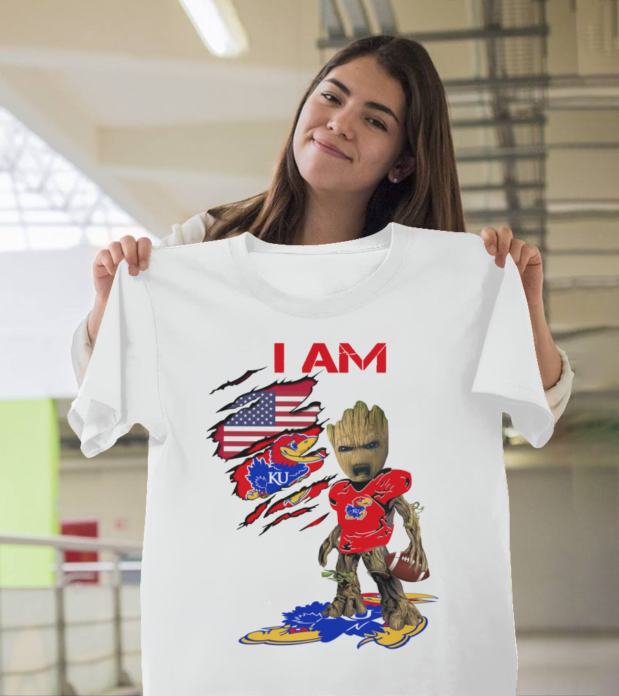 I AM Baby Groot KU Football Jayhawks American Flag T-Shirt