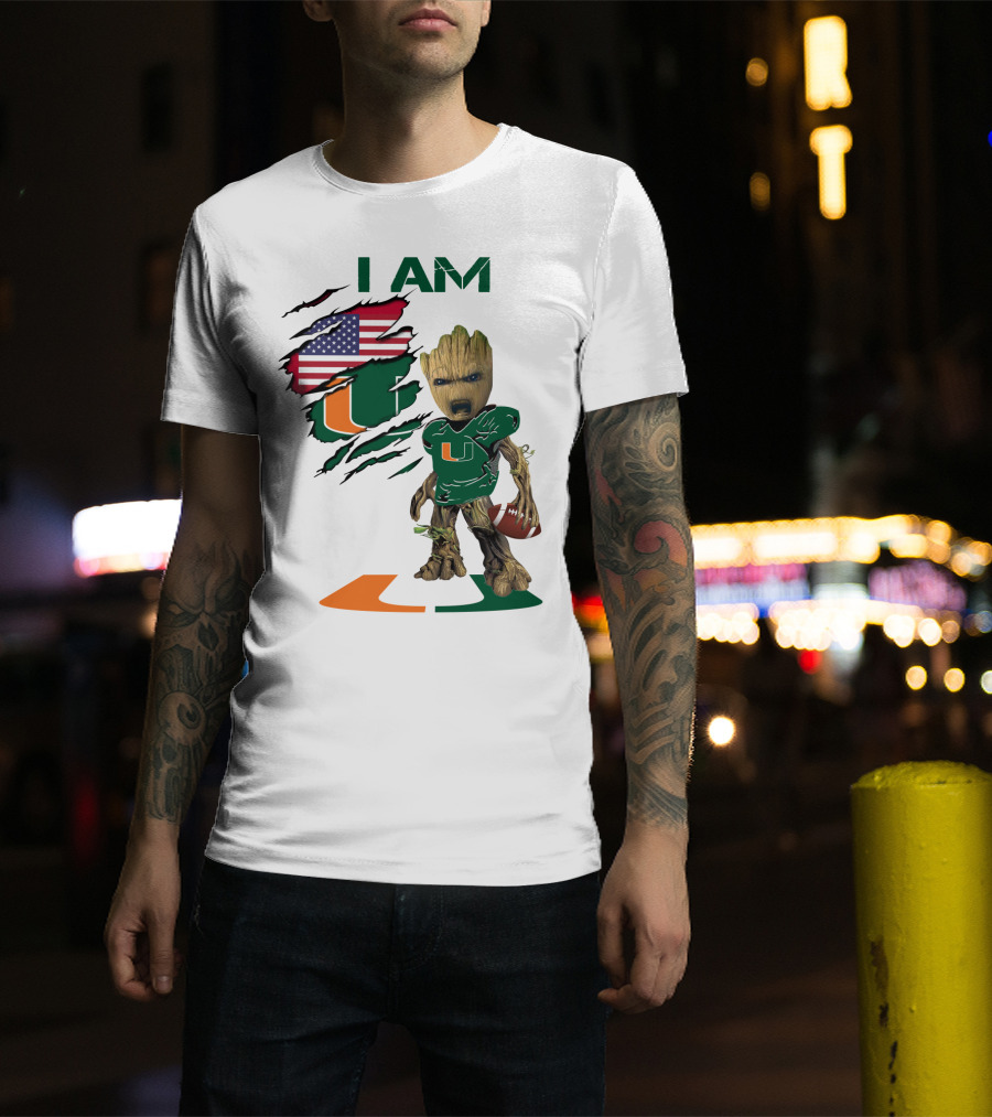 I AM Miami Hurricanes Baby Groot Football USA Flag T-Shirt