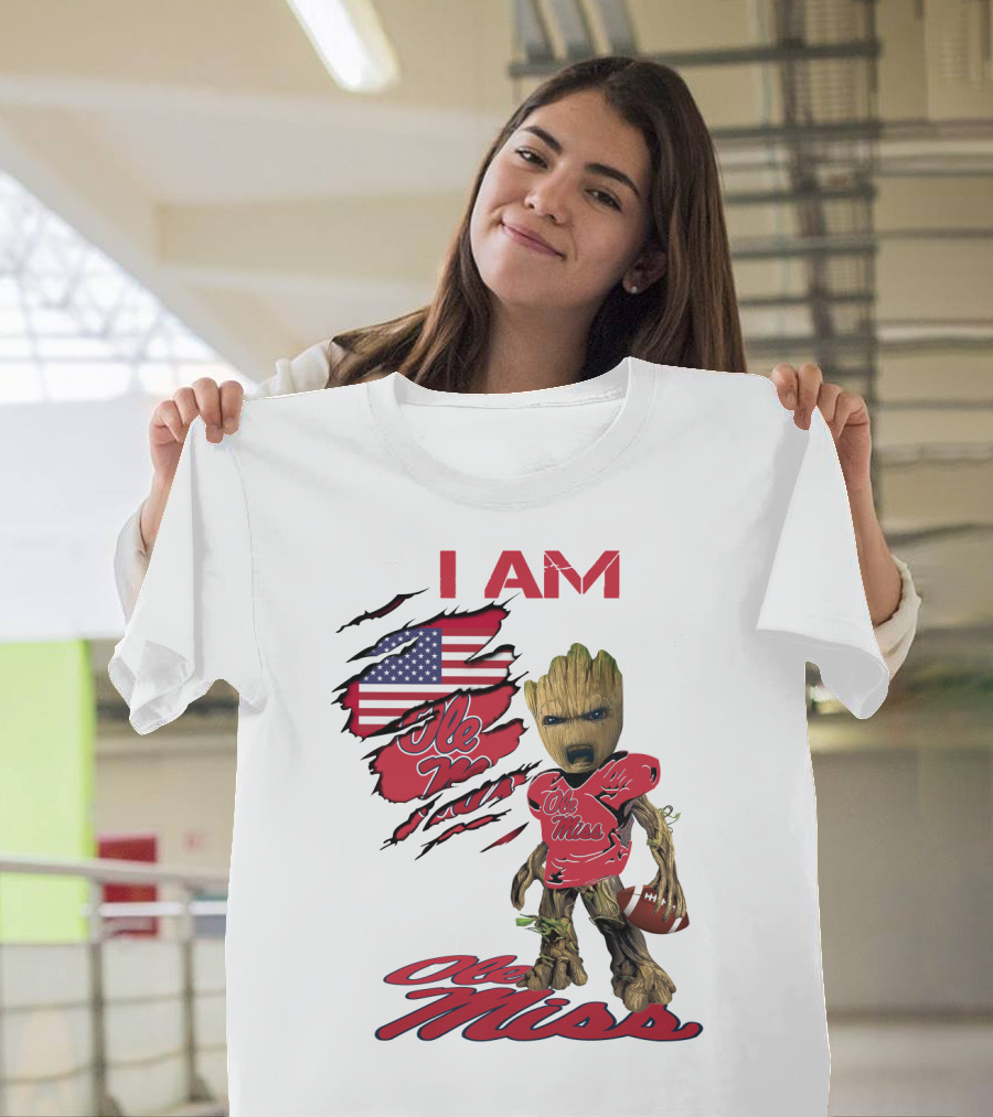 I Am Ole Miss Baby Groot Football USA Flag T-Shirt