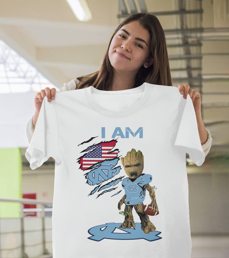 I Am Baby Groot Tarheels Football USA Flag T-Shirt