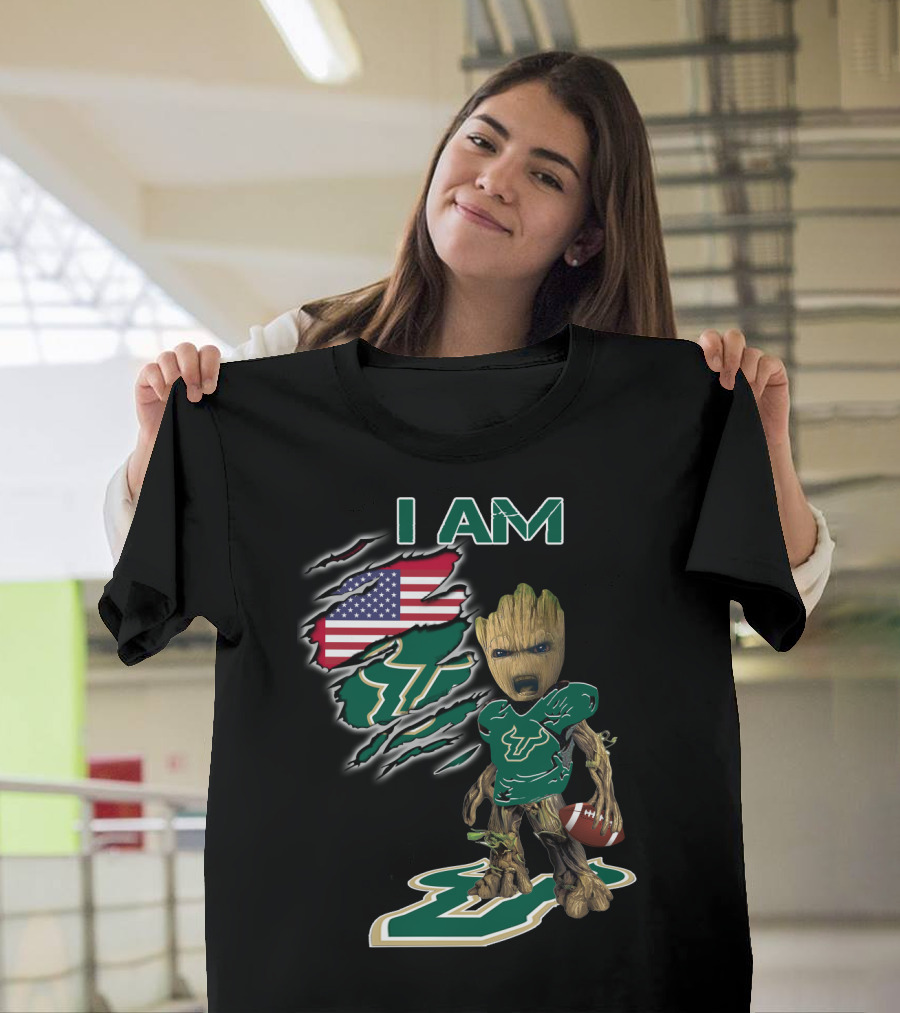 I Am Usf Baby Groot Holding Football With Usa Flag And Bulls T-Shirt