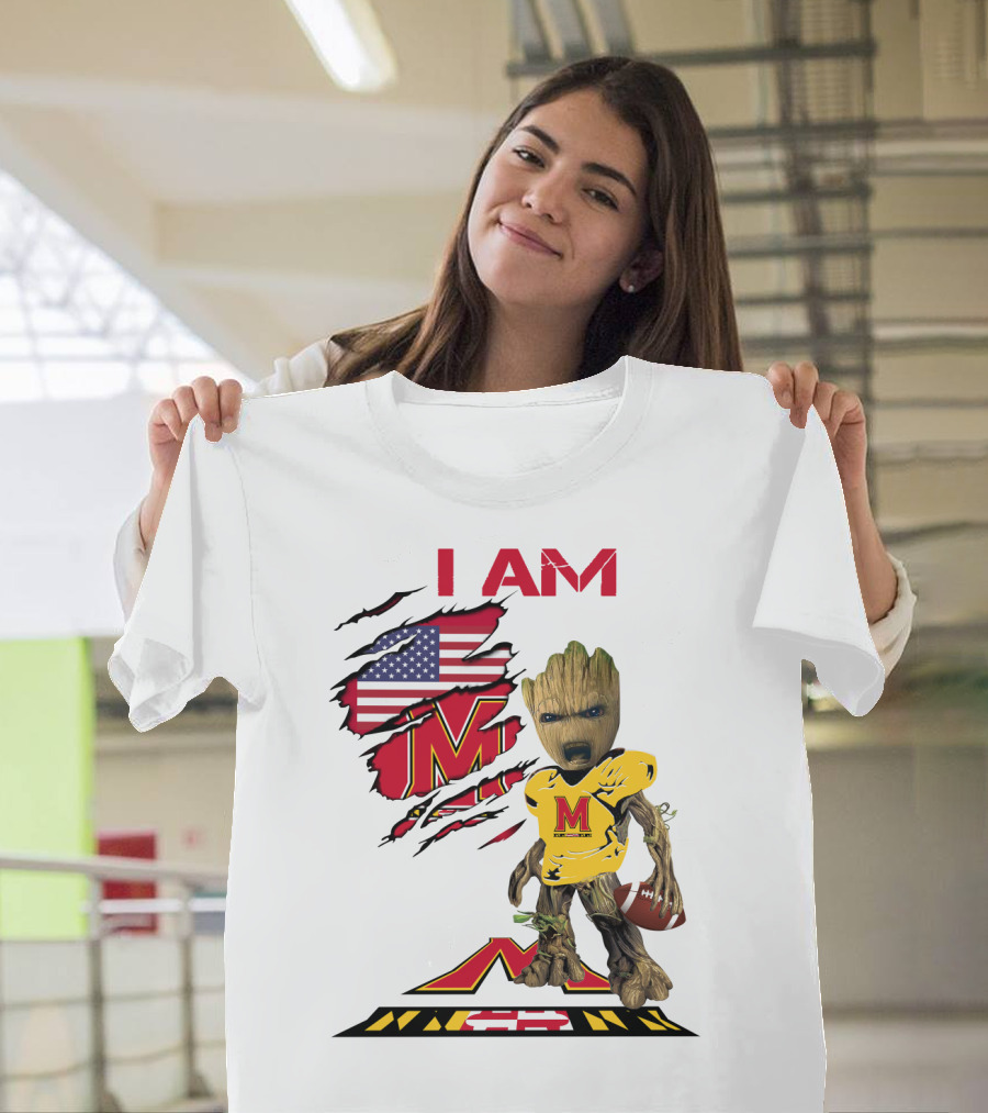 I Am Maryland Baby Groot Football M Logo American Flag T-Shirt