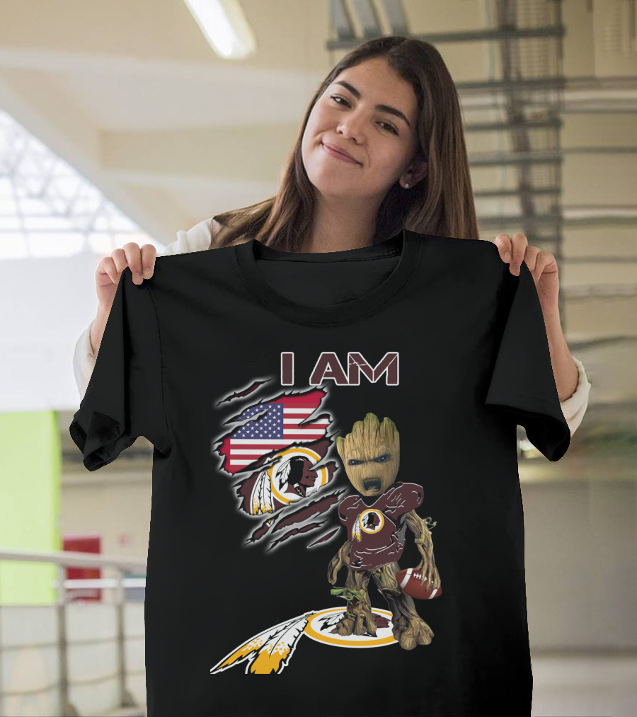 I Am Redskins Baby Groot Football American Flag T-Shirt