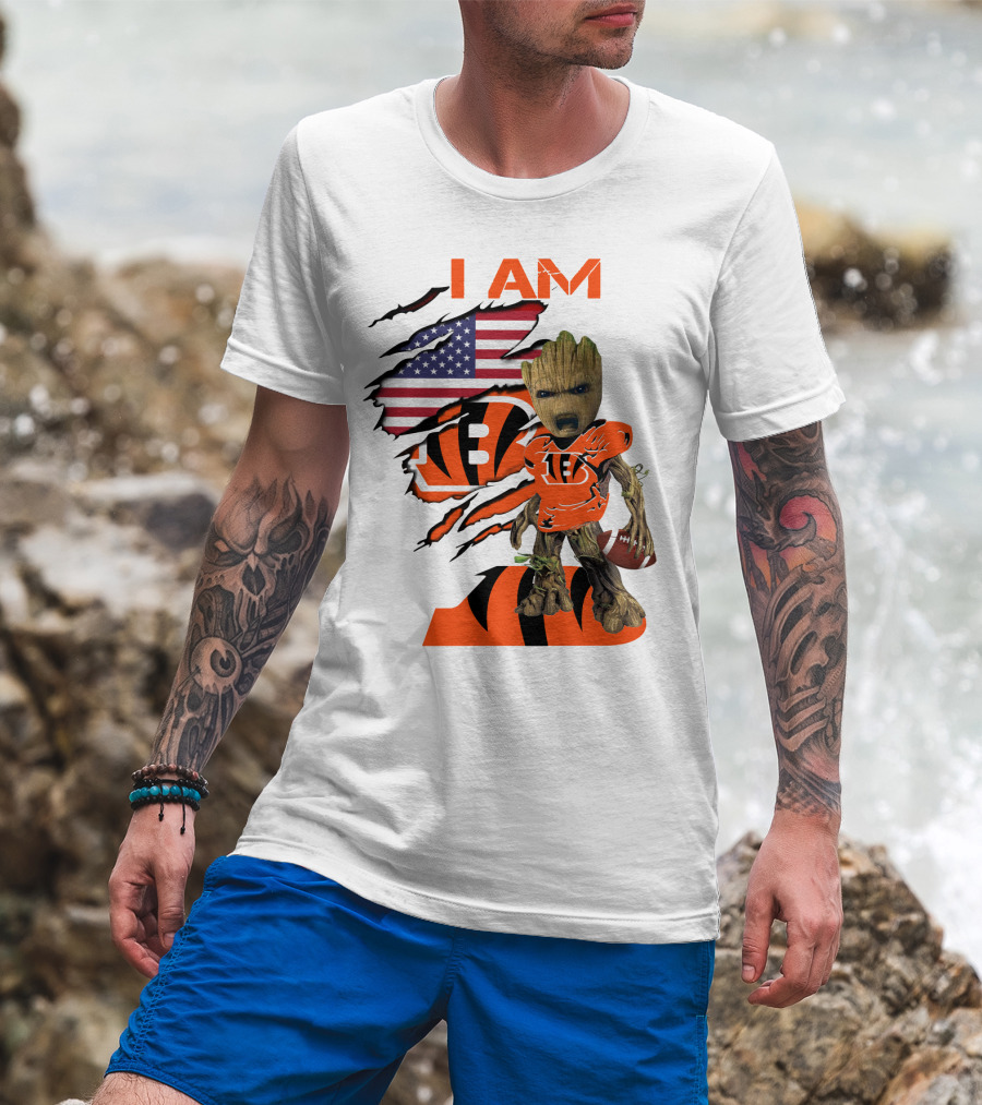 I AM Bengals Baby Groot Football USA Flag T-Shirt
