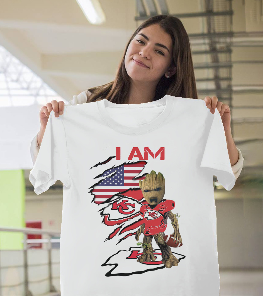 I Am Chiefs Baby Groot American Flag Football KC T-Shirt