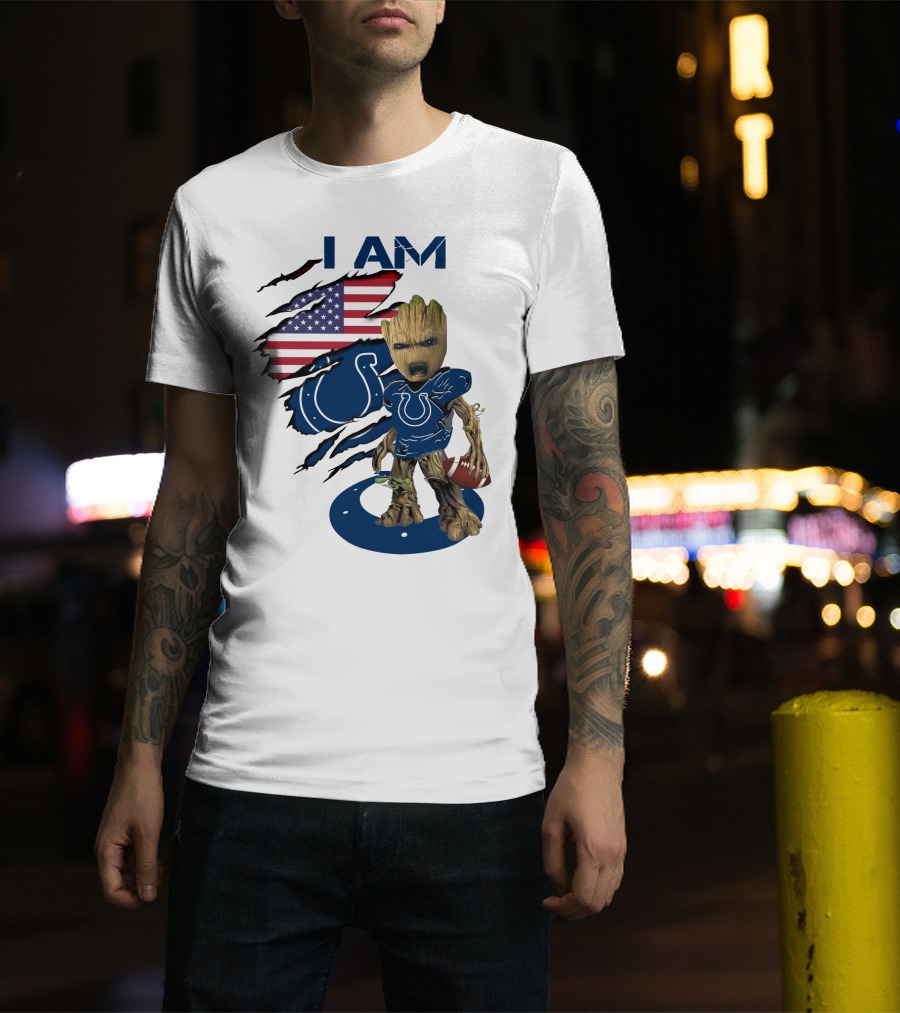 I Am Colts Baby Groot American Flag Football T-Shirt