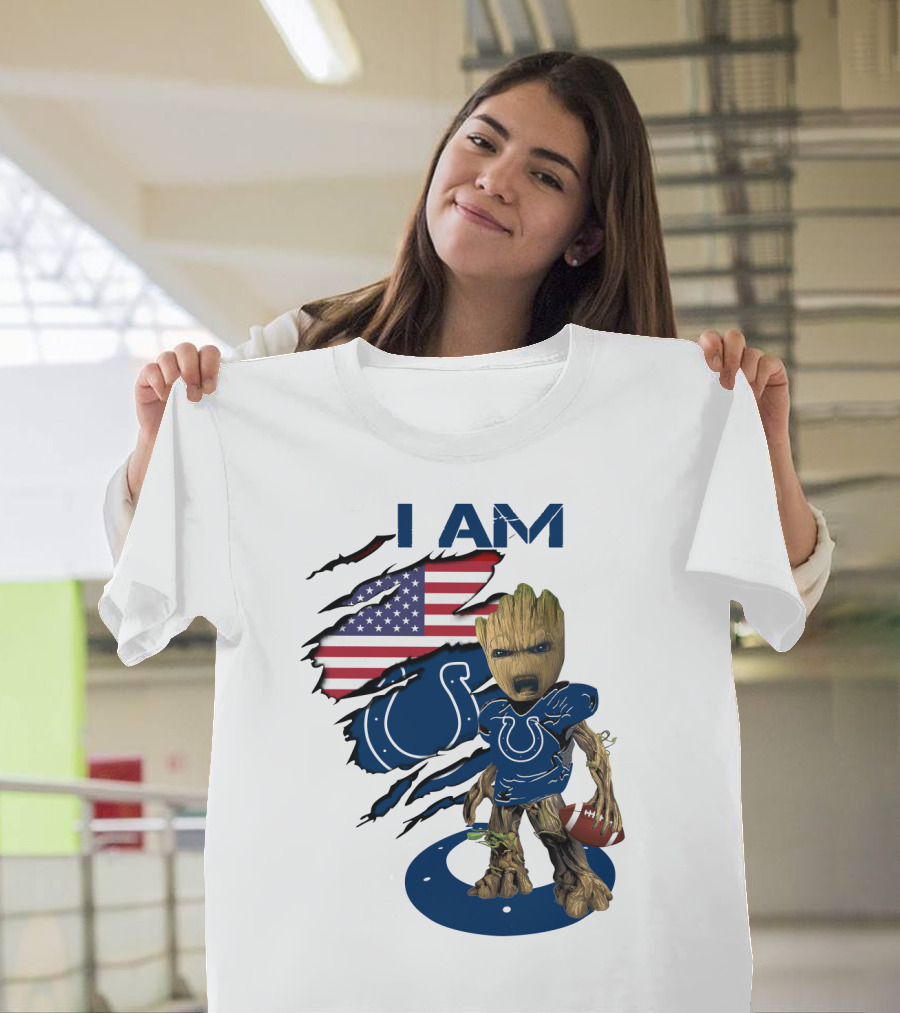 I Am Colts Baby Groot American Flag Football T-Shirt