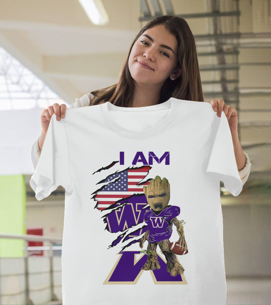 I AM Hukies W Baby Groot Football American Flag T-Shirt