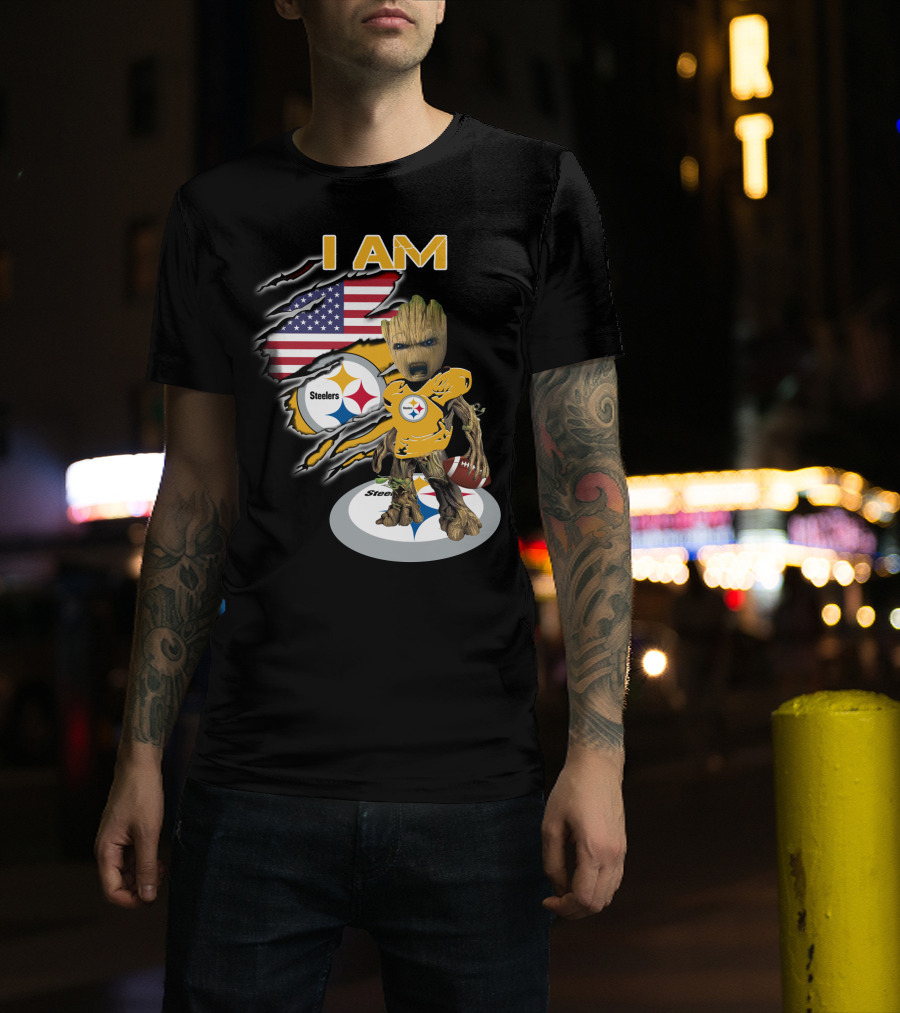 I Am Steelers Baby Groot American Flag Football Nfl Character T-Shirt