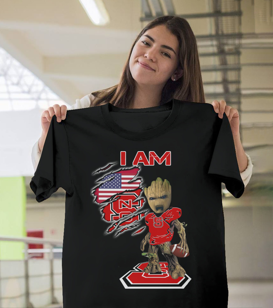 I Am Nc State Baby Groot Football American Flag Usa T-Shirt