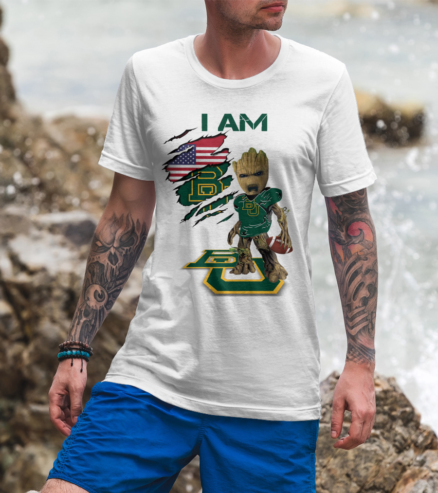 I Am Baylor Baby Groot Football Usa Flag T-Shirt